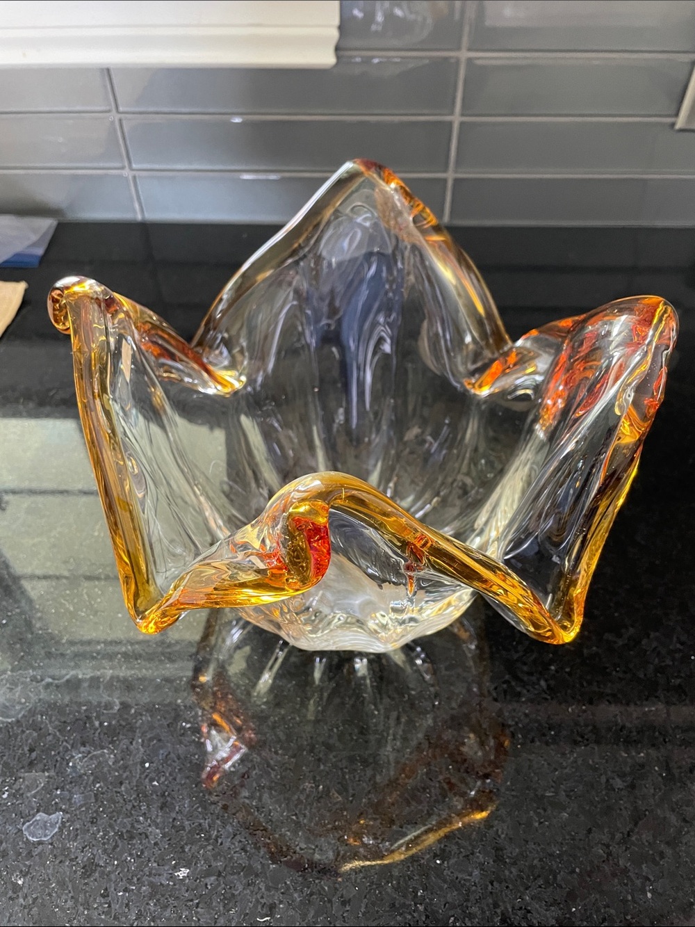 Vintage Glass Art Bowl with Amber Rim - Home Art